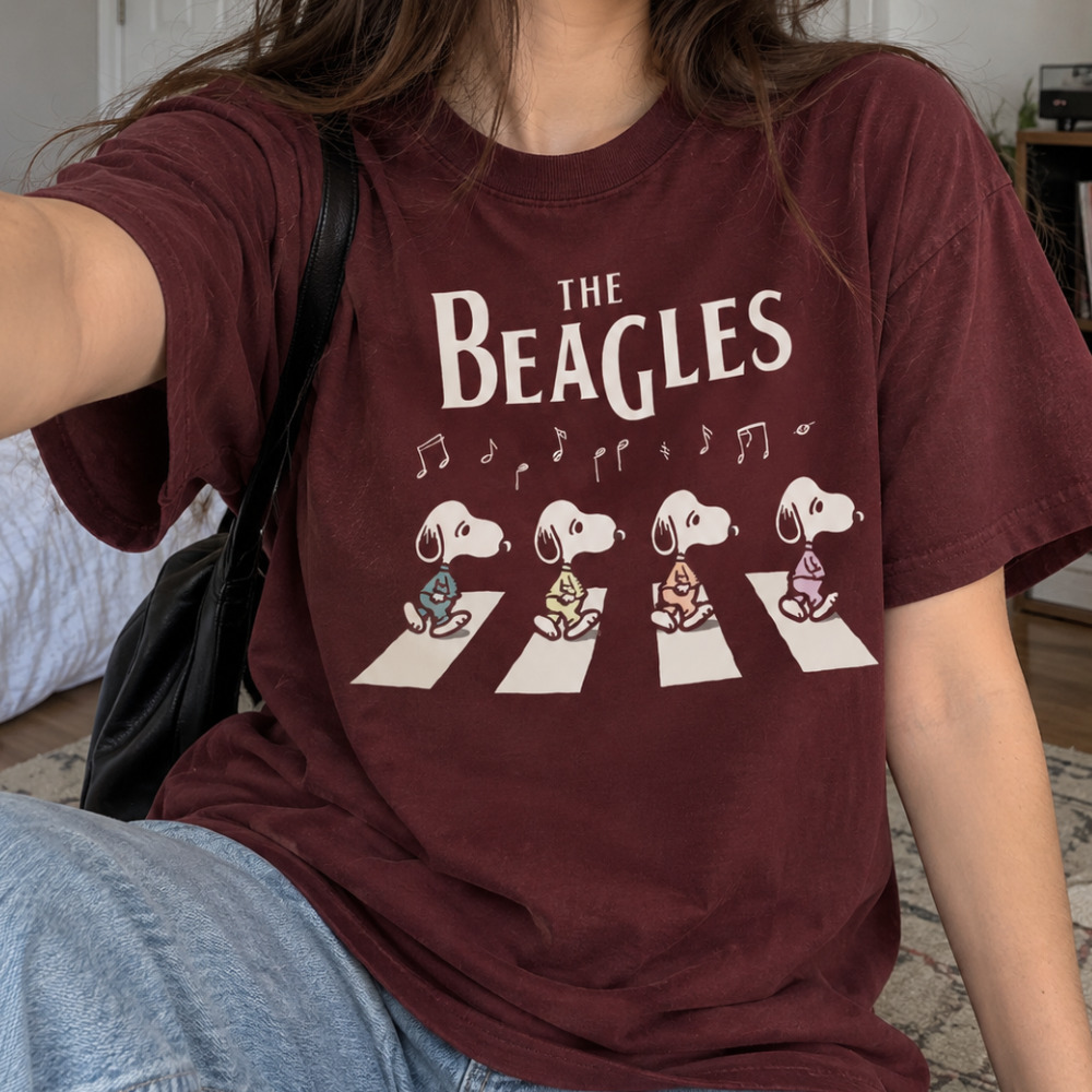 The Beagles Snoopy Abbey Road  Parody Vintage Maroon T-Shirt